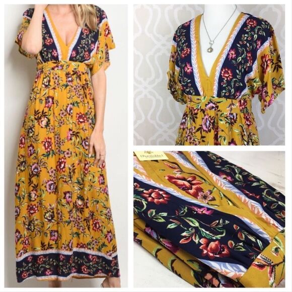 ✨ 🆕 ✨ Wildflower Boho Mustard Yellow Prairie Maxi Dress✨ - Picture 1 of 13